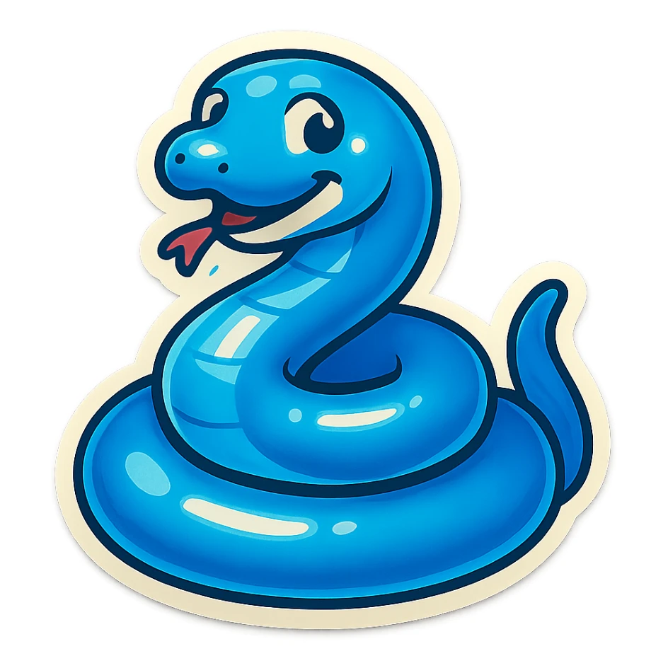 coiled blue snake with a playful expression, retro sticker style sticker