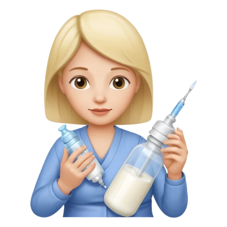 Mother holding a baby bottle with milk and a vaccine syringe sticker