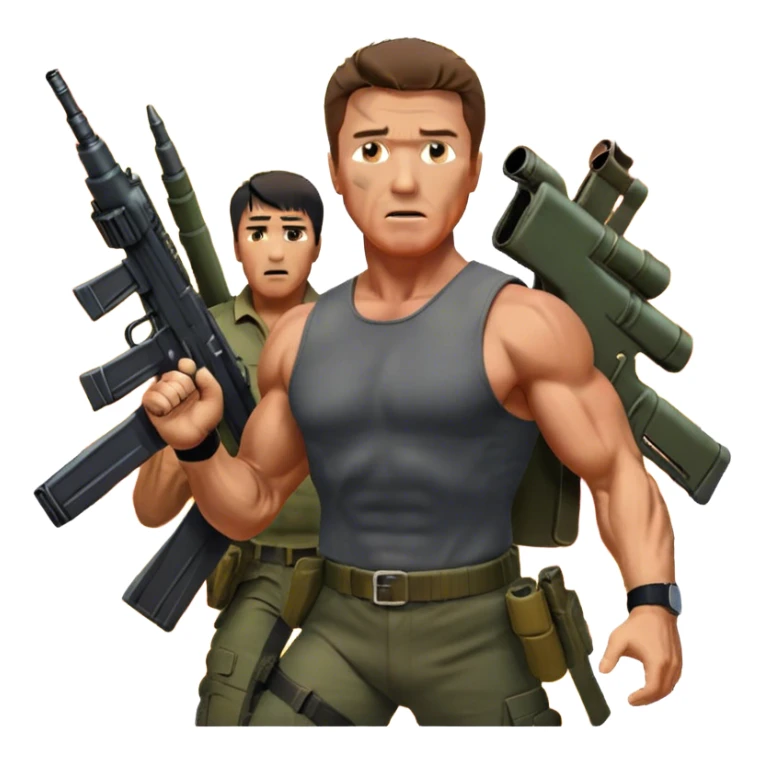 Icon for Action Movies: Close-up collage featuring Schwarzenegger in 'Commando' and  Stallone in 'Rambo', in bold poses. Background includes explosions, rockets flying, and machine guns. The style is reminiscent of a cinematic movie poster with intense, dramatic colors. Transparent background. sticker