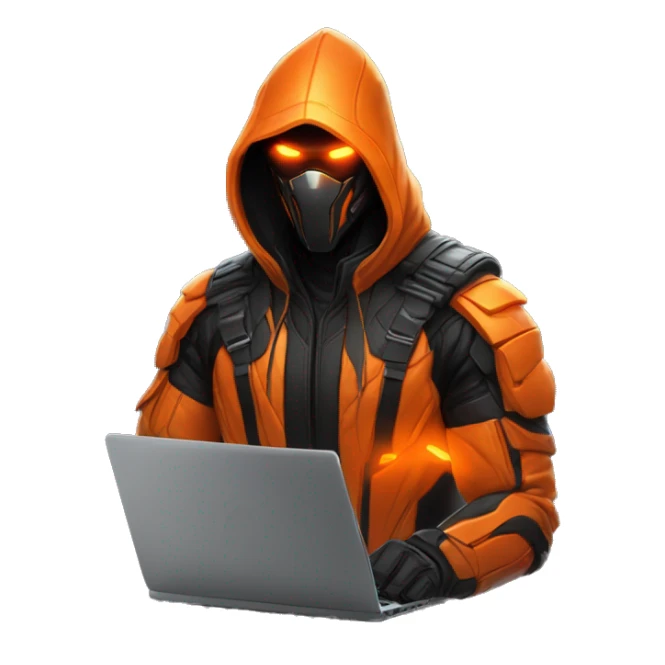  developer behind his laptop with this style : crysis Cyberpunk Valorant orange glowing bright orange character orange black hooded assassin themed character sticker