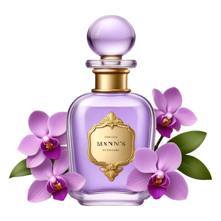 Create a delicate vintage French-style perfume bottle in an orchid hue, adorned with intricate gold detailing and an elegant glass stopper. Surround it with lush lilac flowers, along with soft lavender sprigs and petals scattered around for a dreamy, romantic atmosphere. The background should have a subtle antique texture, evoking the charm of a Parisian boudoir. The lighting should be soft and diffused, enhancing the luxurious and nostalgic feel sticker