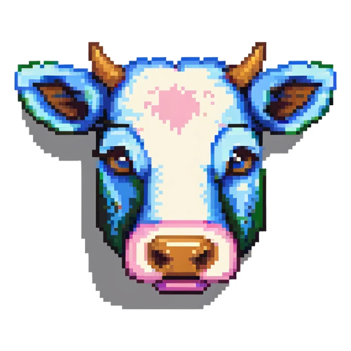 simple blocky Minecraft cow head emoji with 2 or 3 large colorful square pixels, chunky, playful, childlike sticker