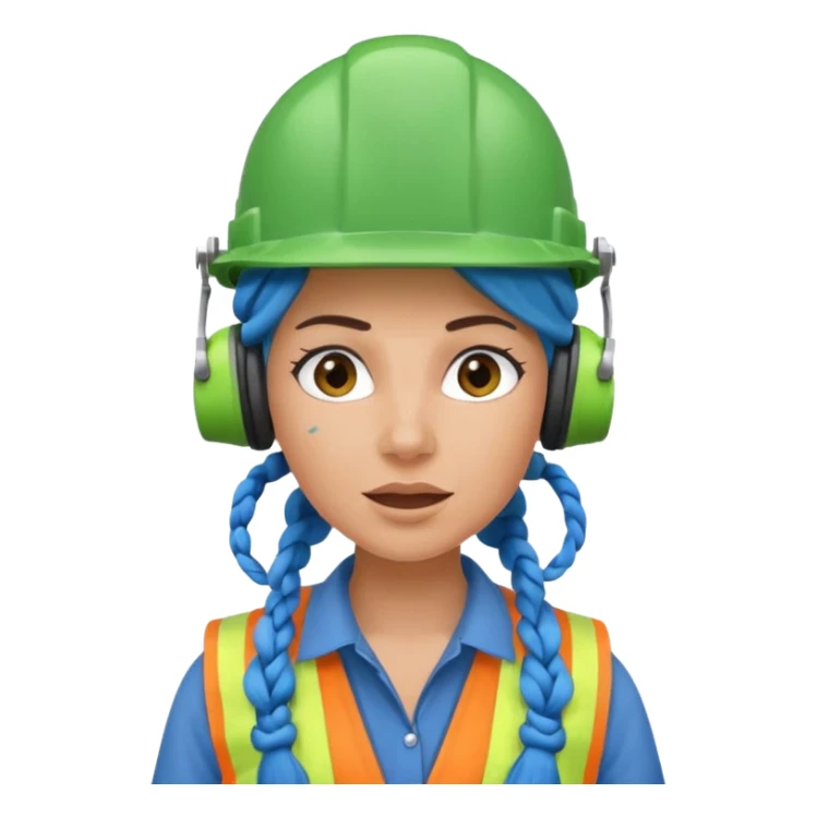surprised construction worker blue braided haired woman wearing green helmet and headphones sticker