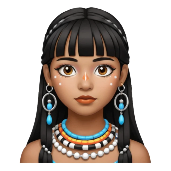 Chica indígena con maquillaje tradicional de indígenas con puntos y rayas, pelo liso y flequillo, con aretes de candongas grandes  sticker