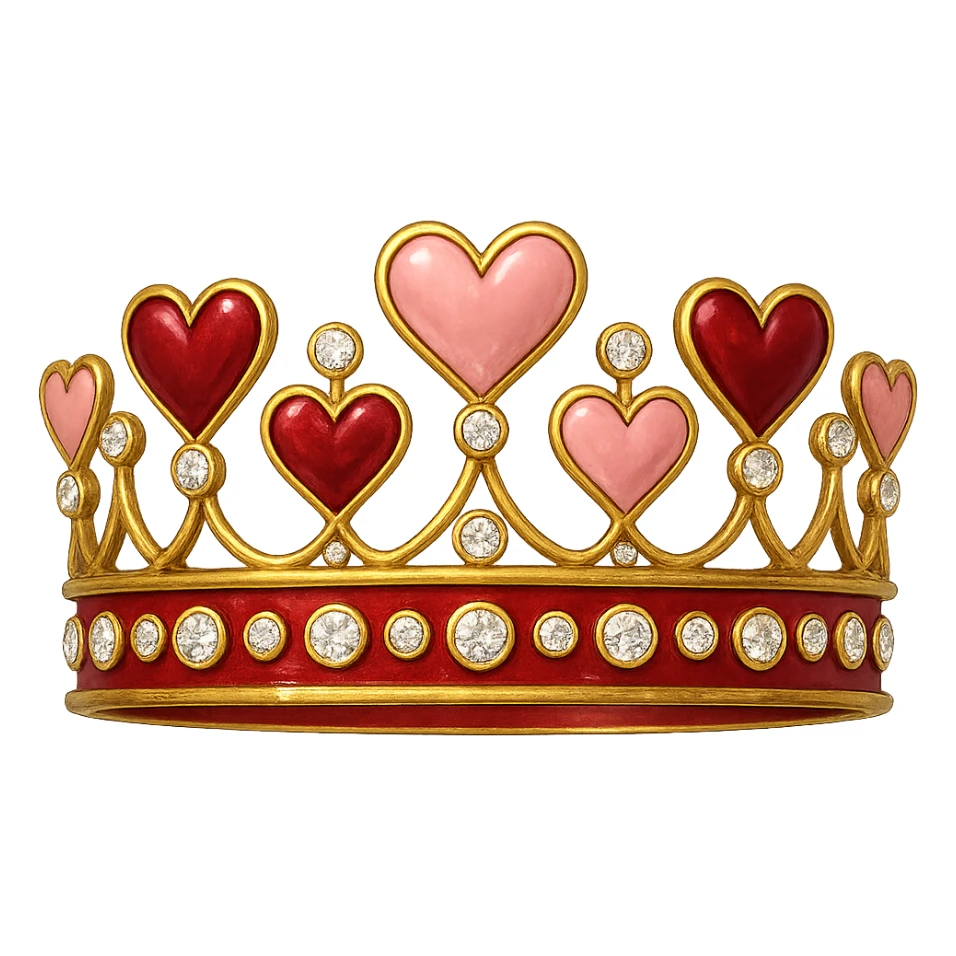 heart crown with a red base, hearts in deep red and rose enamel, sparkling gems sticker