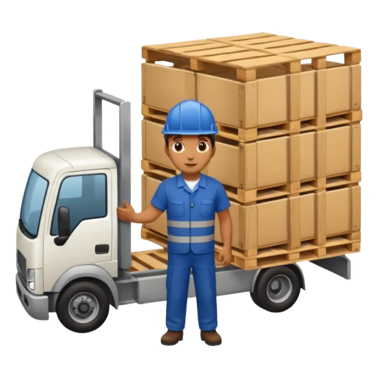 Worker with pallet in truck, import. sticker