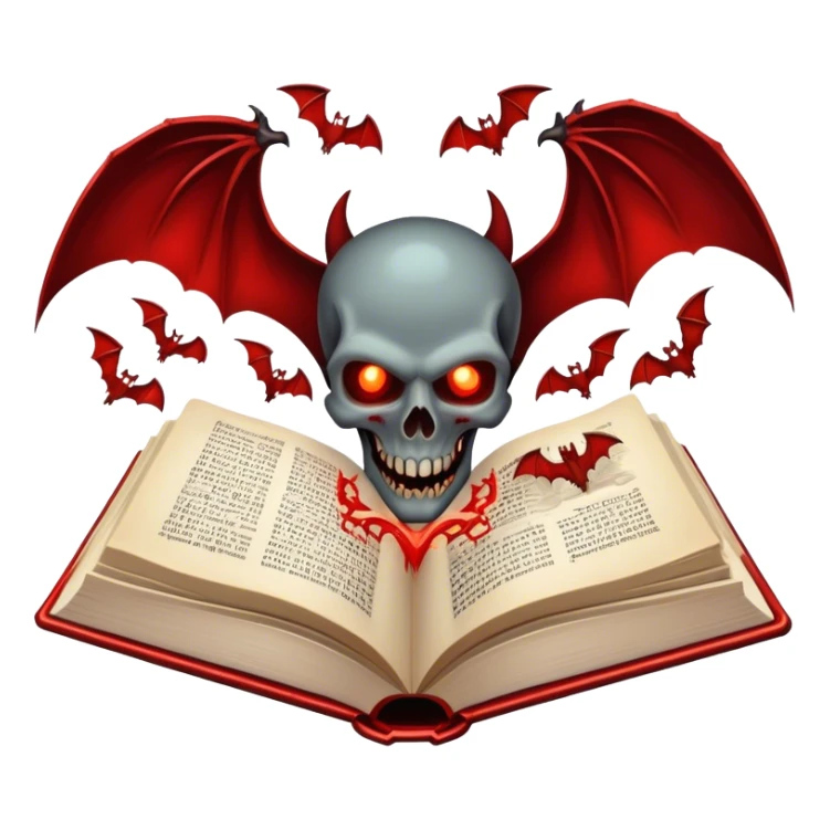Icon for Horror & Mystery Reading: an open book with eerie glowing symbols, from which rise vampire Dracula with fangs, flying bats, a zombie hands, skulls. Surrounding elements. Transparent background. sticker