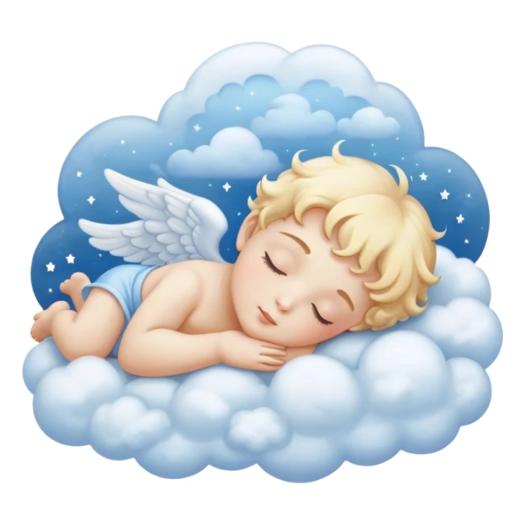 "A sleeping cherub angel in soft blue hues, surrounded by clouds and dreamy celestial elements."
 sticker