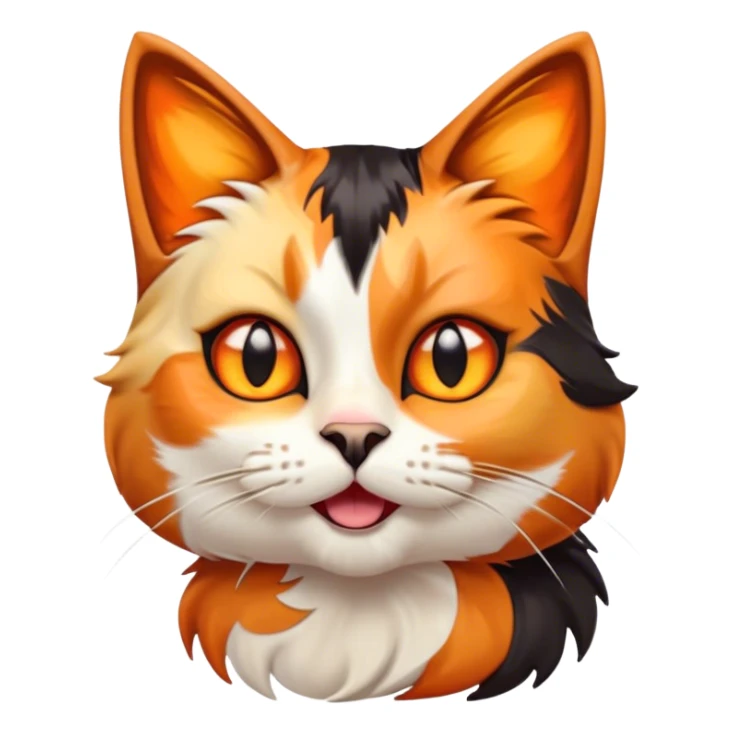 Cinematic Comical Calico Cat Portrait Emoji, Head tilted dramatically with an exaggeratedly surprised expression, showcasing a vibrant patchwork fur of orange, black, and white with wide, comically expressive eyes, simplified yet hilariously detailed, glowing with a sassy, golden radiance, high shine, exuding playful mischief and cheeky feline attitude, styled with a soft glowing outline, capturing the essence of a calico cat that looks ready to leap off the screen with mischievous flair! sticker