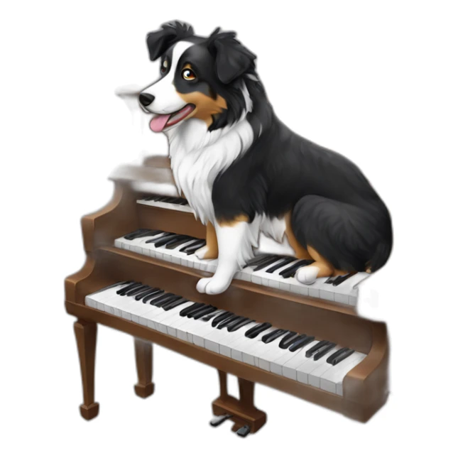 Black and white Australian shepherd playing a child’s piano sticker