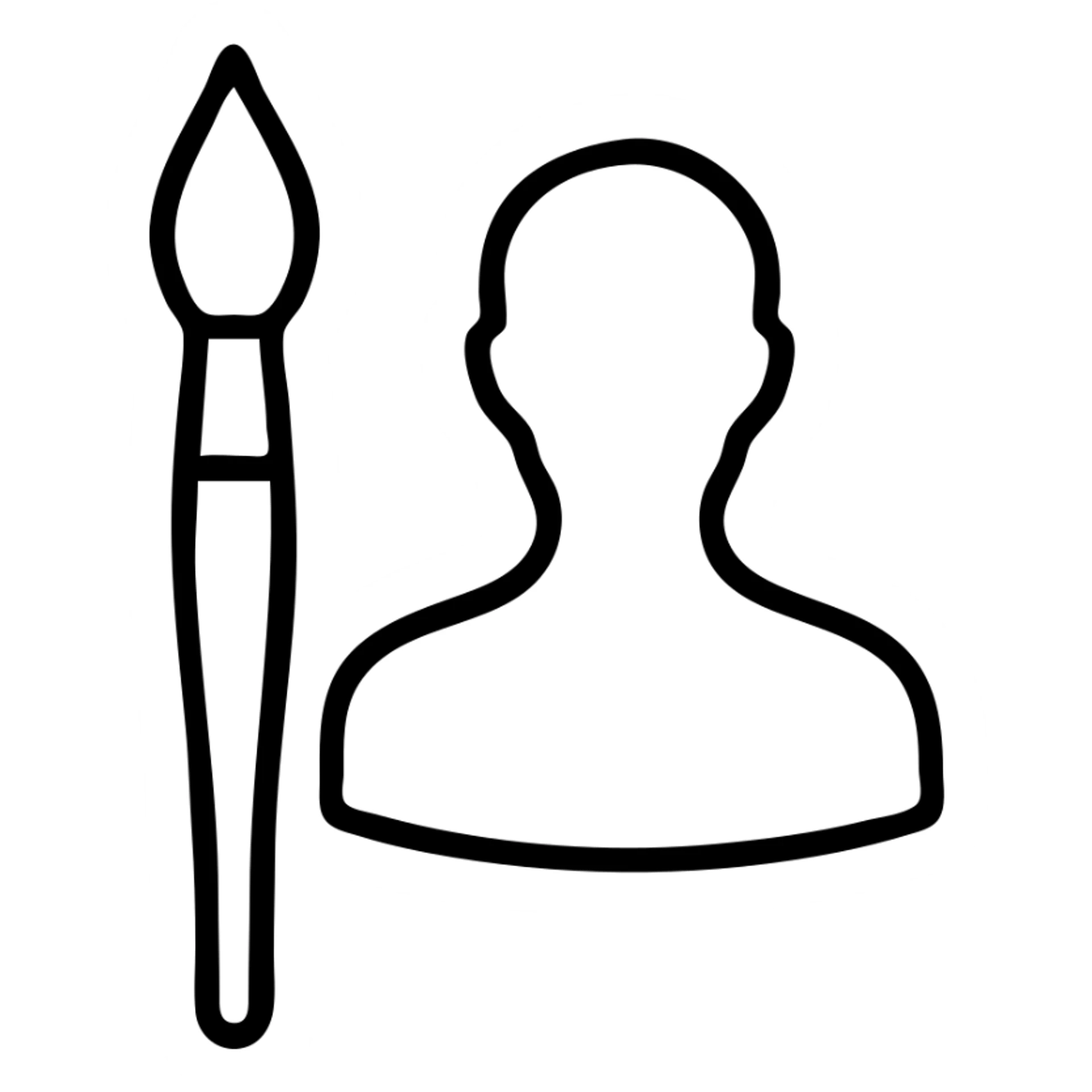 A paintbrush morphing into a polished silver human emblem sculpture silhouette, symbol of artistic identity sticker