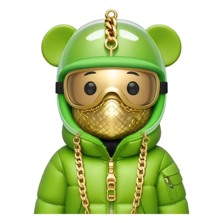 bearbrick toy with lime balaclava tagged with logos, wearing oversized monolens ski-type visor shield covering eyes as one continuous piece, puffer jacket with fur, gold chains sticker