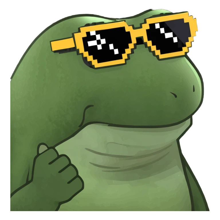 bufo with triangle 8 bit sunglasses full black, confident smile sticker