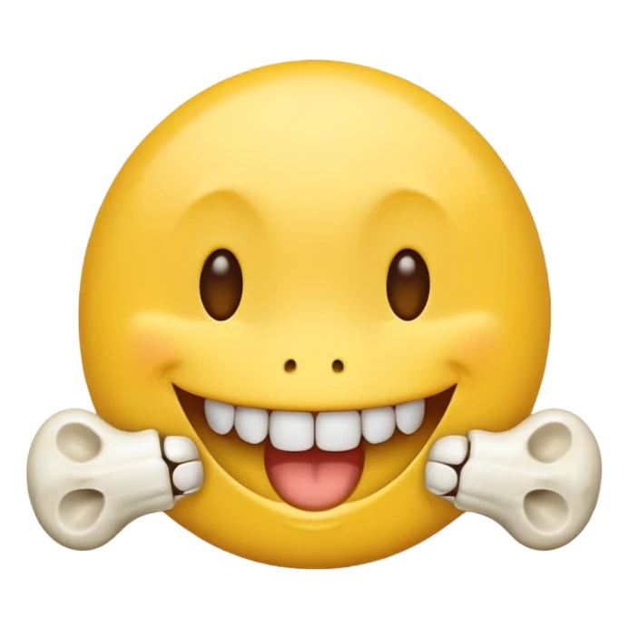 happy emoji with a yellow bone halfway out their mouth sticker