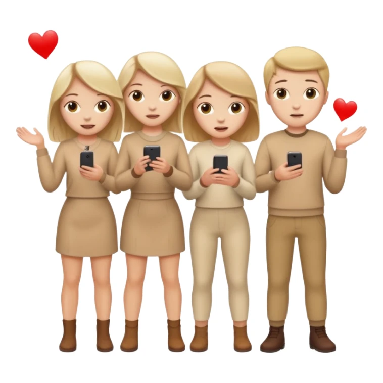 4 white girls and 2 white boys in beige clothes are playing sticker