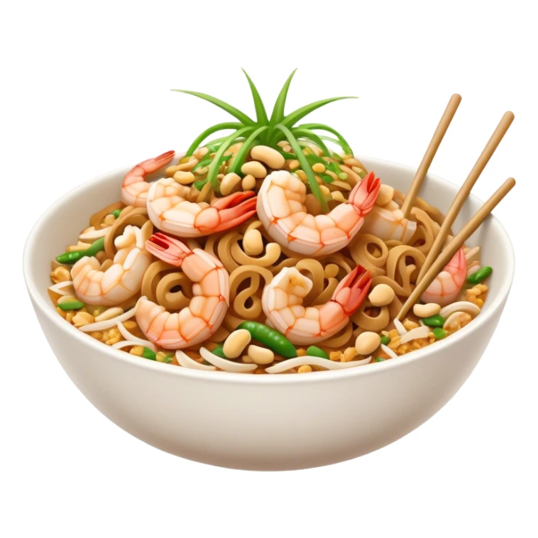 Cinematic Realistic Pad Thai Dish Emoji, depicted as stir-fried rice noodles with shrimp, tofu, peanuts, and bean sprouts rendered with vibrant textures and dynamic, appetizing lighting. sticker