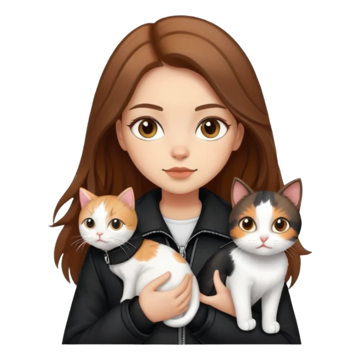 Light-skinned girl with brown hair wearing black jacket with white cat and calico cat sticker