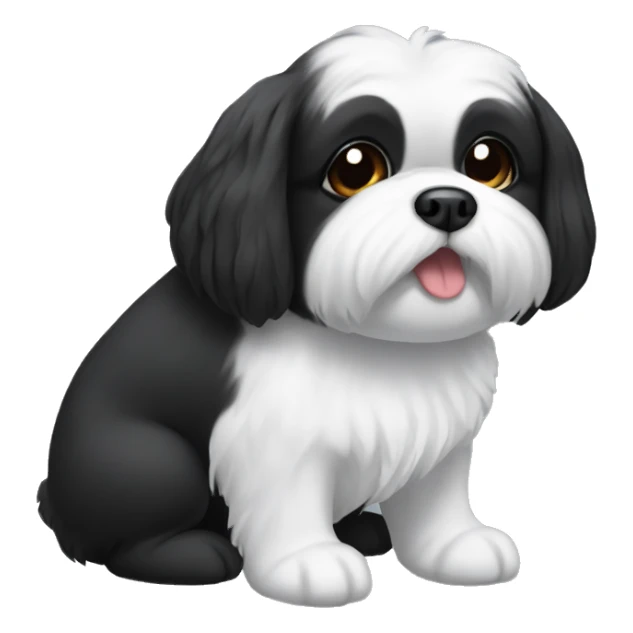 Black Shitzu dog with a white belly and mouth sticker