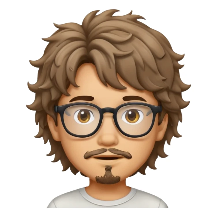 A boy with messy wavy hair and glasses, he has a small goatee sticker