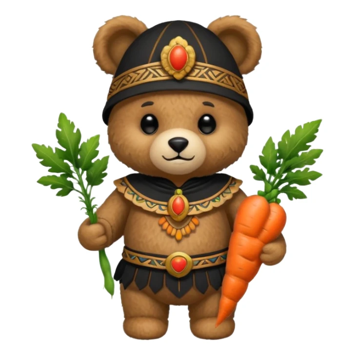 teddy bear, wearing black mayan ancient custome, with carrot half body sticker