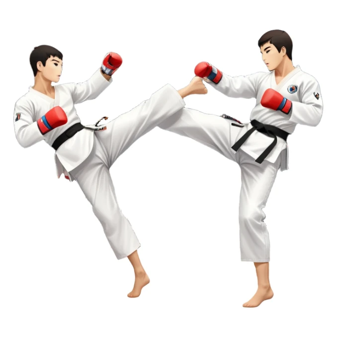 Two taekwondo fighters in traditional white doboks with black belts compete in a dynamic match. One delivers a high kick, while the other blocks using their knee. The background features a professional arena with bright lights and spectators. Transparent background. sticker
