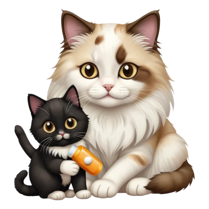Adult ragdoll cat giving some pills to a black kitten sticker
