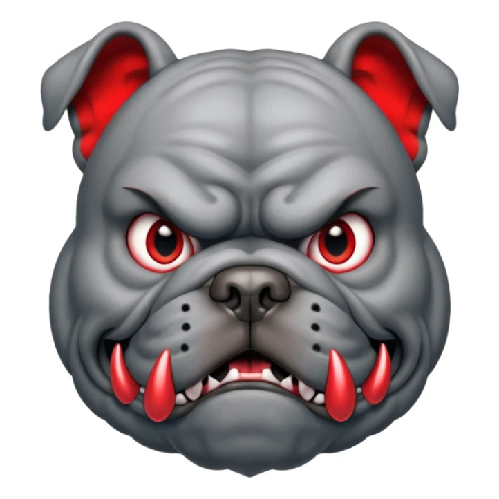Create a fierce bulldog head emoji facing forward.
Strong jaw, deep wrinkles, and an intense scowl.
slight underbite with two visible fangs.
Dark gray fur with bold highlights and shading for depth.
Add a thick spiked collar (red or black) with shiny metallic spikes.
 sticker