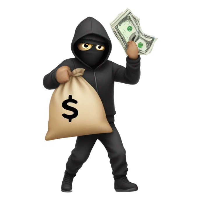 Robber running with a bag that has a dollar sign on it sticker