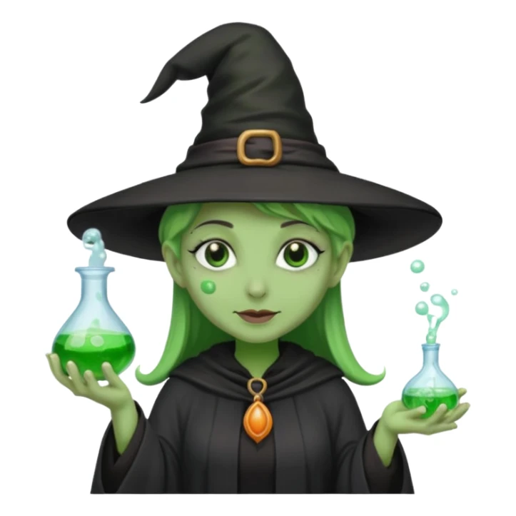 Witch with Green Skin – long-nosed witch in black hat holding potion sticker