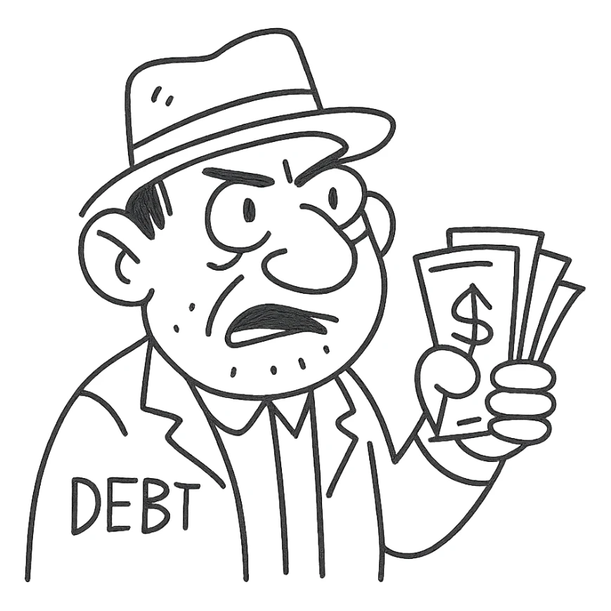 debt collector, exaggerated features, holding a stack of bills sticker