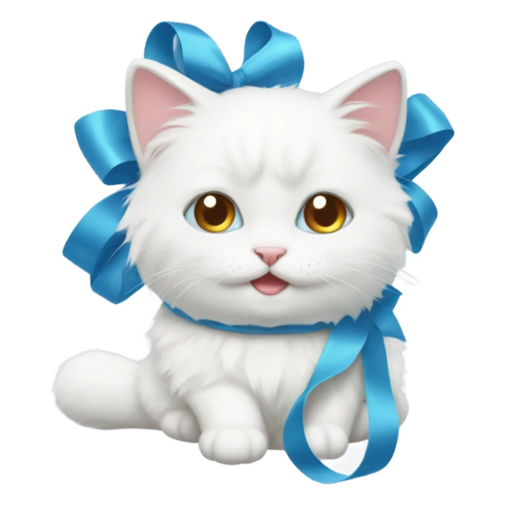 Thick fur white cat cute with soft blue ribbon on her head sticker