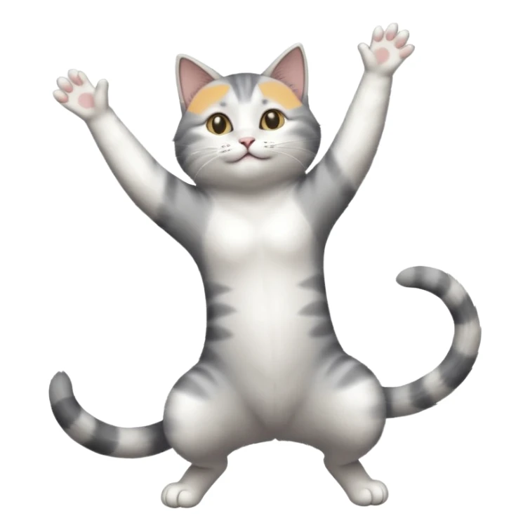 grey and white cat doing a big long stretch reaching up into the air with arms and legs together sticker