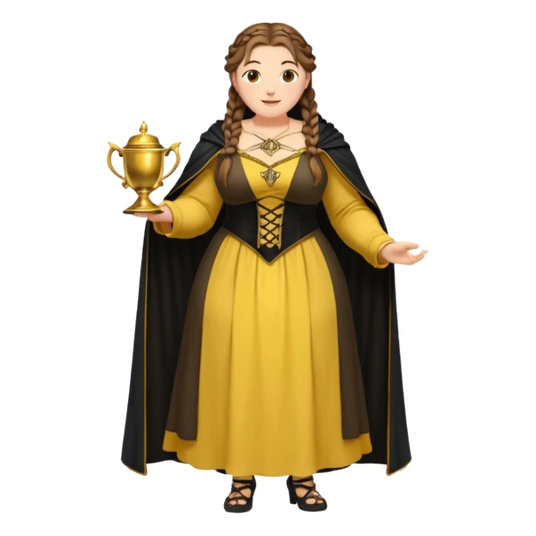 Helga Hufflepuff,brown-haired,2 braids,yellow-black medieval open dress,deep neckline,fat macromastia,black cloak decorated with gold braiding,gold cup with two handles,very kind smile,curvy busty sweet woman,round rosy cheeks,full length with medieval shoes sticker