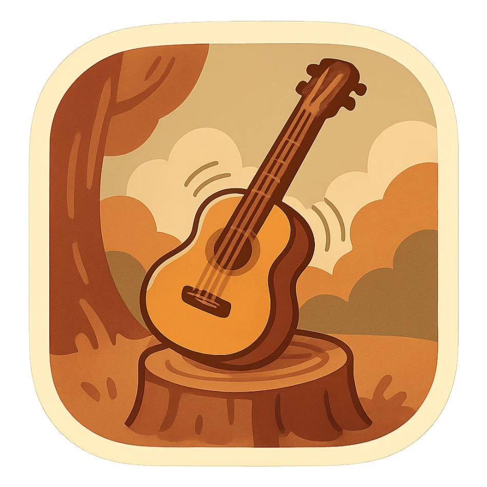 animated guitar gently vibrating resting on a tree stump, retro vintage style, cozy acoustic aesthetic, warm muted colors, subtle grain, soft lines, 112x112px, smooth loop, nostalgic analog mood sticker