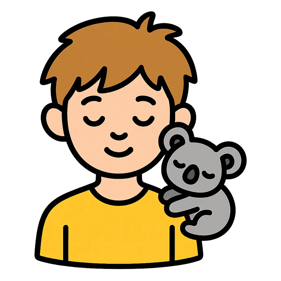 light brown messy haired boy with a very small sleepy koala on his shoulder, color outline icon sticker