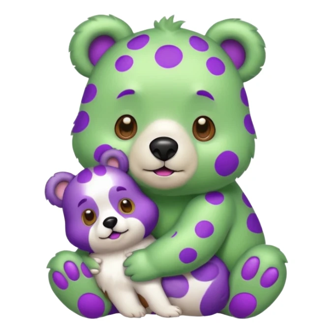 A green bear with purple spots holding a dog sticker