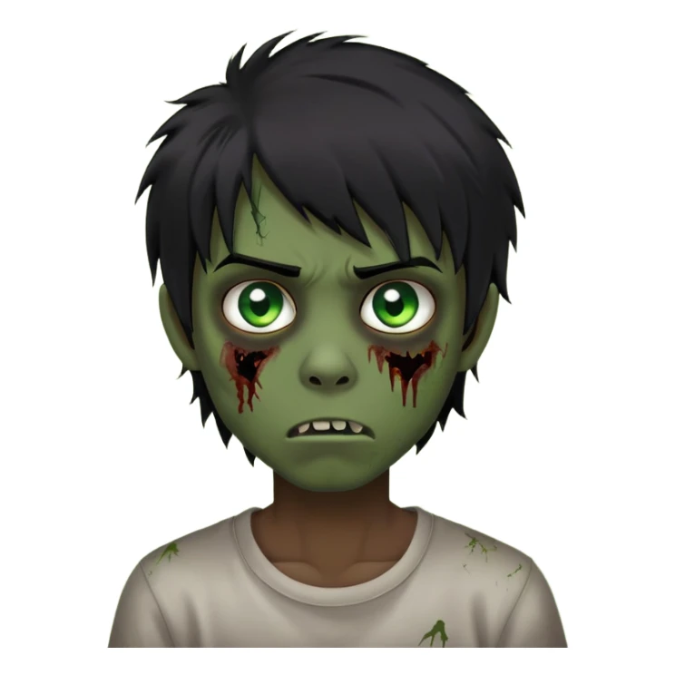 Boy, zombie, black hair, medium long, emo, shaggy, dark, spooky, creepy expression, green eyes sticker