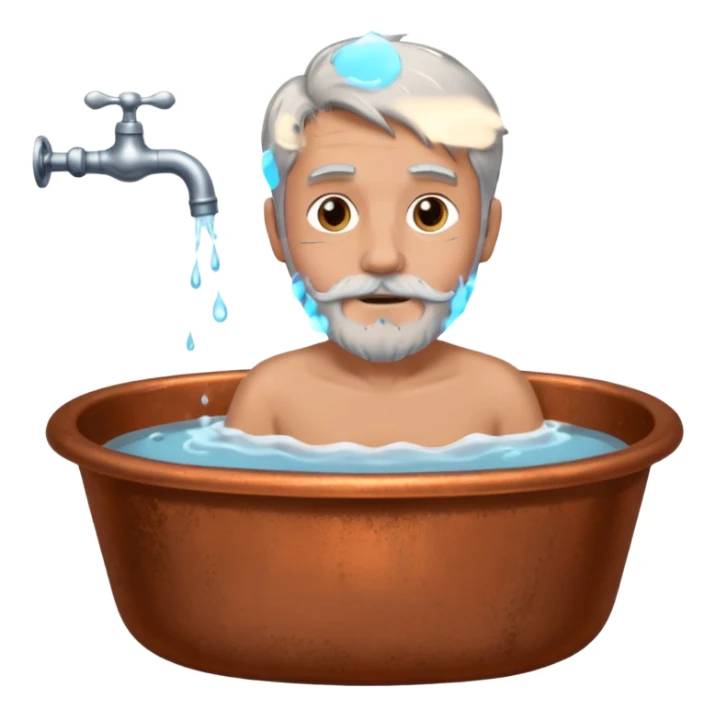Man with grey hair and grey beard in old copper bath with water running from taps sticker