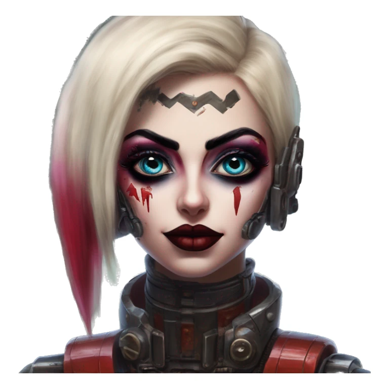 Arabic mechwarrior in Harley Quinn style, oil paint, mysterious eyes, intricate lips, masterpiece portrait, odd perspective, beautiful, desirable, logical sticker