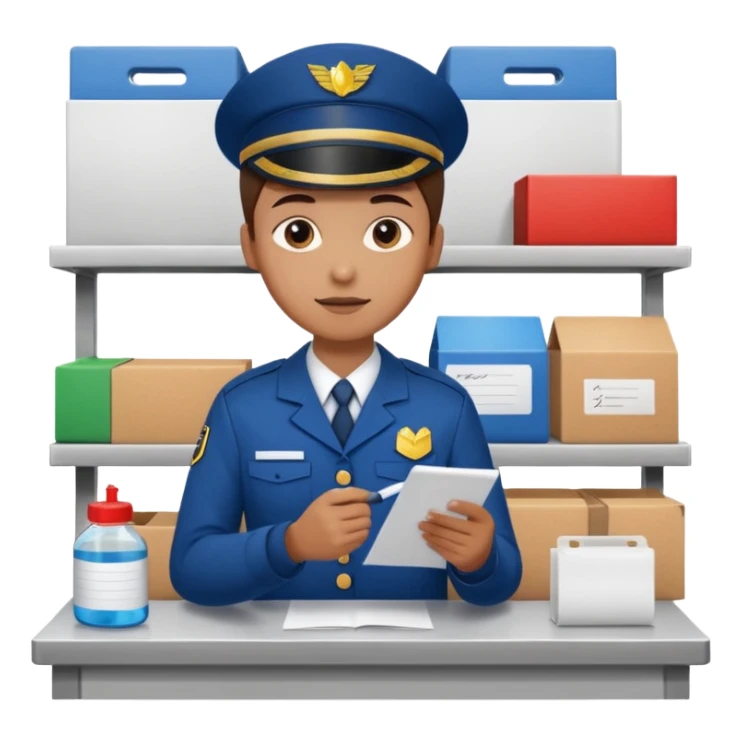 create a realistic emoji of a packaging station person with a protocol in his hand writing something down. sticker