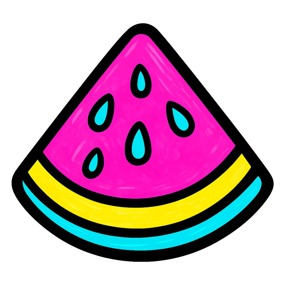 a juicy watermelon slice with seeds, bright and fun, pop colors style sticker