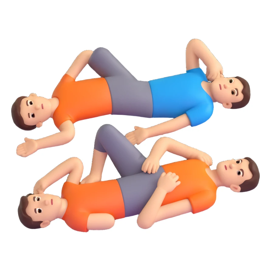 Create a single emoji in 3D emoji style showing the three male lay-down action poses together, with no background (transparent). sticker