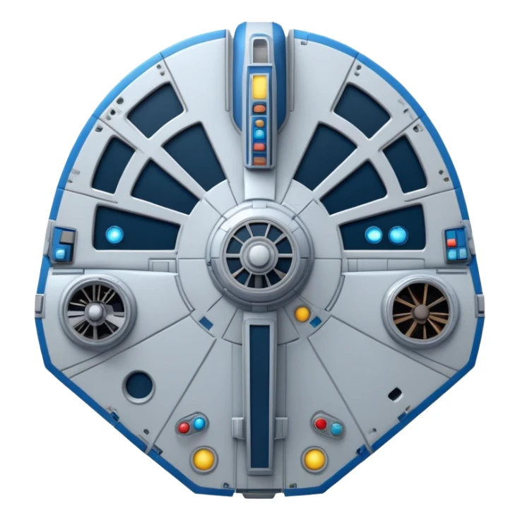 Millennium Falcon from Star Wars, emoji style, spaceship with surface details, panels, antenna, circular cockpit, blue lights, oval shape, metallic colors, very recognizable sticker