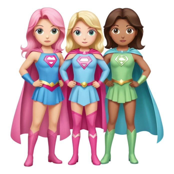 three superhero girls standing together - one in light blue costume, one in pink costume, and one in light green costume sticker