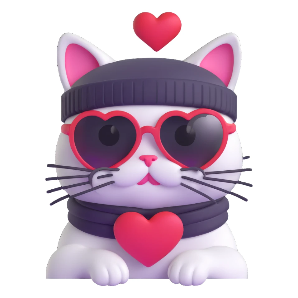 cat wearing a beanie and heart-shaped sunglasses sticker