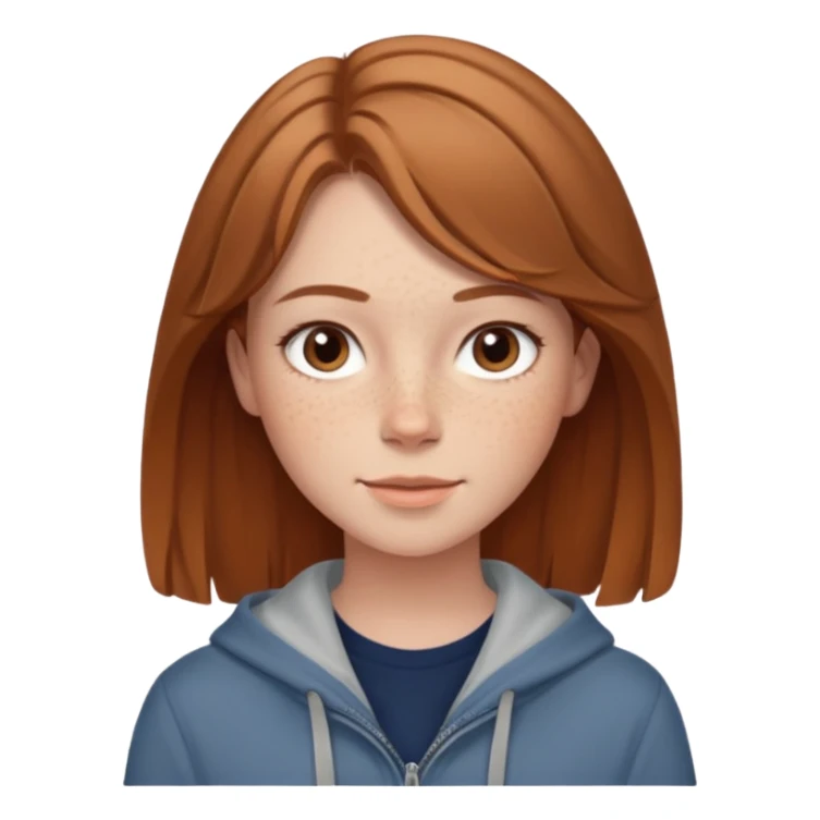 emoji of a woman named Freya McOmish, friendly expression, light brown hair, subtle freckles, modern casual style sticker