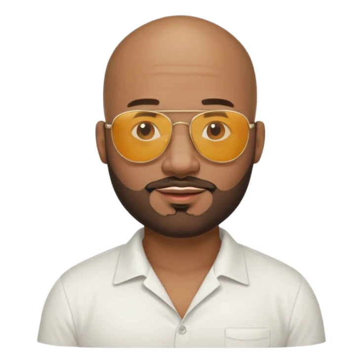 a black guy with a trimmed beard and he’s bald with sunglasses with a stubby neck and white shirt with a little smile and big lips sticker