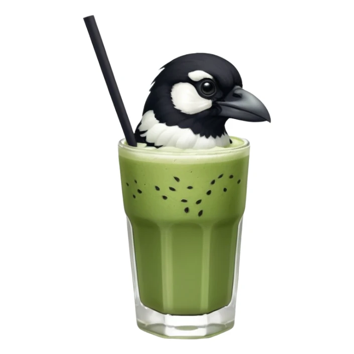  ONE Australien Magpie (just black and white feathers) sitting on an iced matcha latte on the edge of the glass. It has green matcha on its beak indicating it drank. The iced matxha latte is in a see through glass and white from the oat milk on the bottom and green on top… one straw and ice cubes sticker