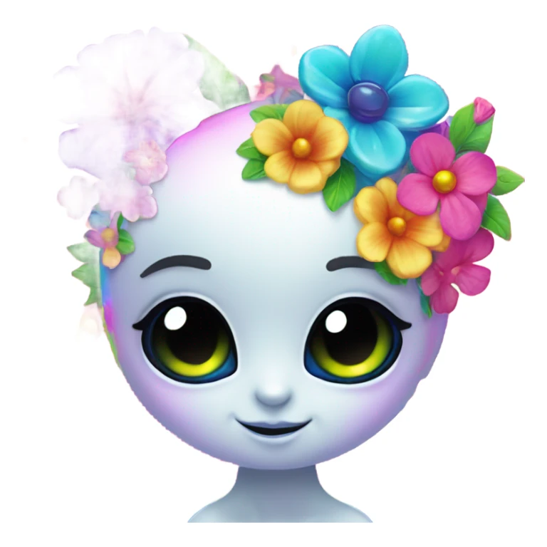 Lisa frank rainbow alien with big oval head and big black eyes with flowers sticker