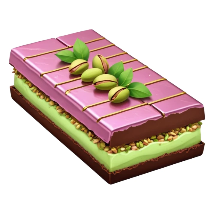 chocolate partially wrapped in elegant pastel pink foil, the top half broken to reveal rich pistachio cream and crispy kataifi strands inside, glossy chocolate surface, detailed texture sticker